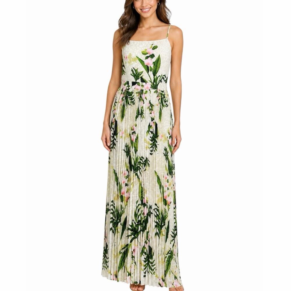 Mlle Gabrielle Tropical Floral Pleated Maxi Dress 2X Green Pink NWT Coastal Plus